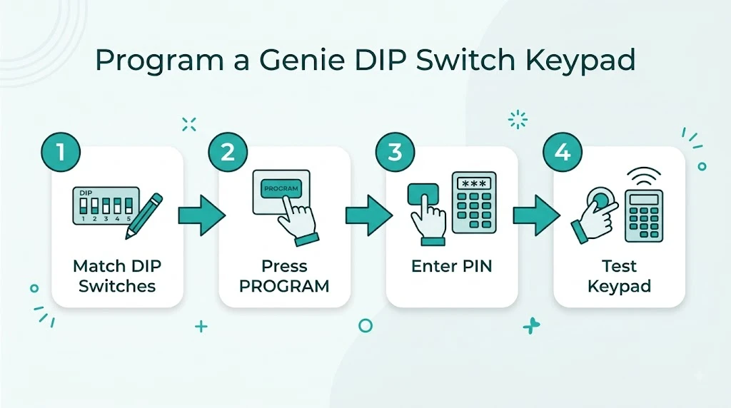 Genie Garage Door Opener No Learn Button: DIP Switch Fix Guide 4 Four steps to program a Genie DIP switch keypad: match DIP switches, press PROGRAM, enter PIN, test keypad