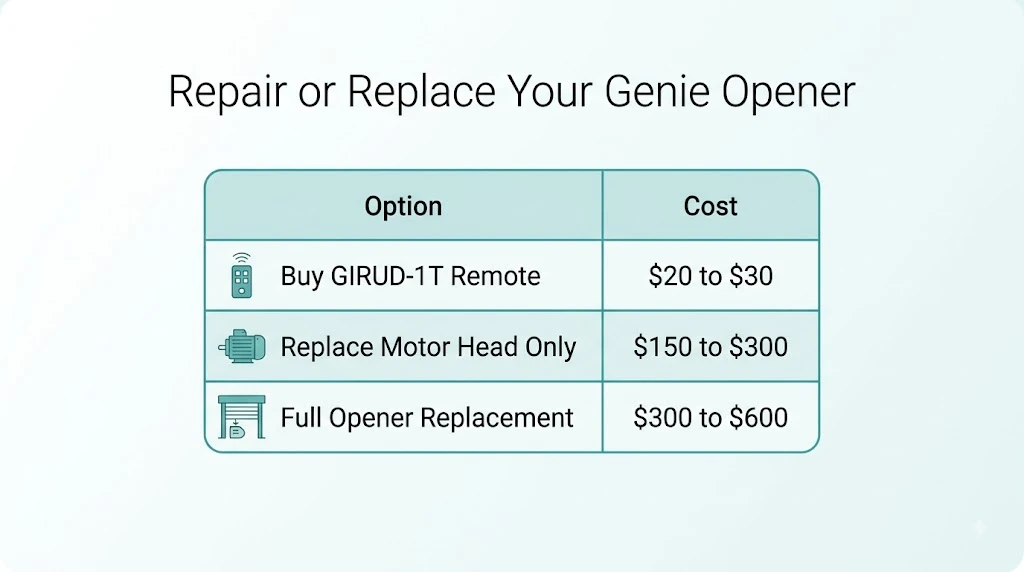 Genie Garage Door Opener No Learn Button: DIP Switch Fix Guide 7 Cost comparison table for repairing or replacing a Genie garage door opener: remote, motor head, full replacement