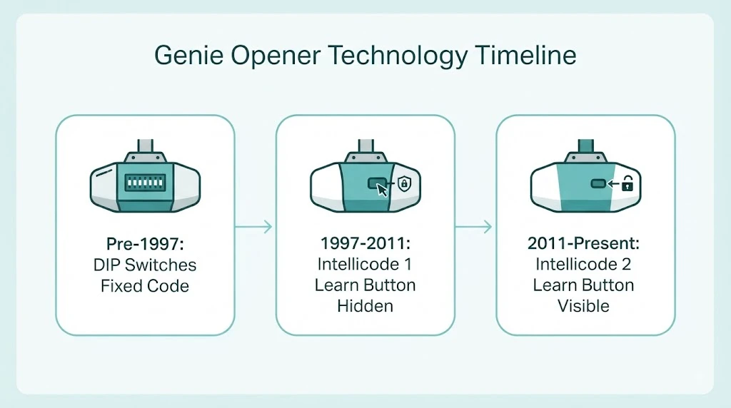Genie Garage Door Opener No Learn Button: DIP Switch Fix Guide 2 Genie garage door opener technology timeline: pre-1997 DIP switches, 1997-2011 Intellicode 1, 2011-present Intellicode 2