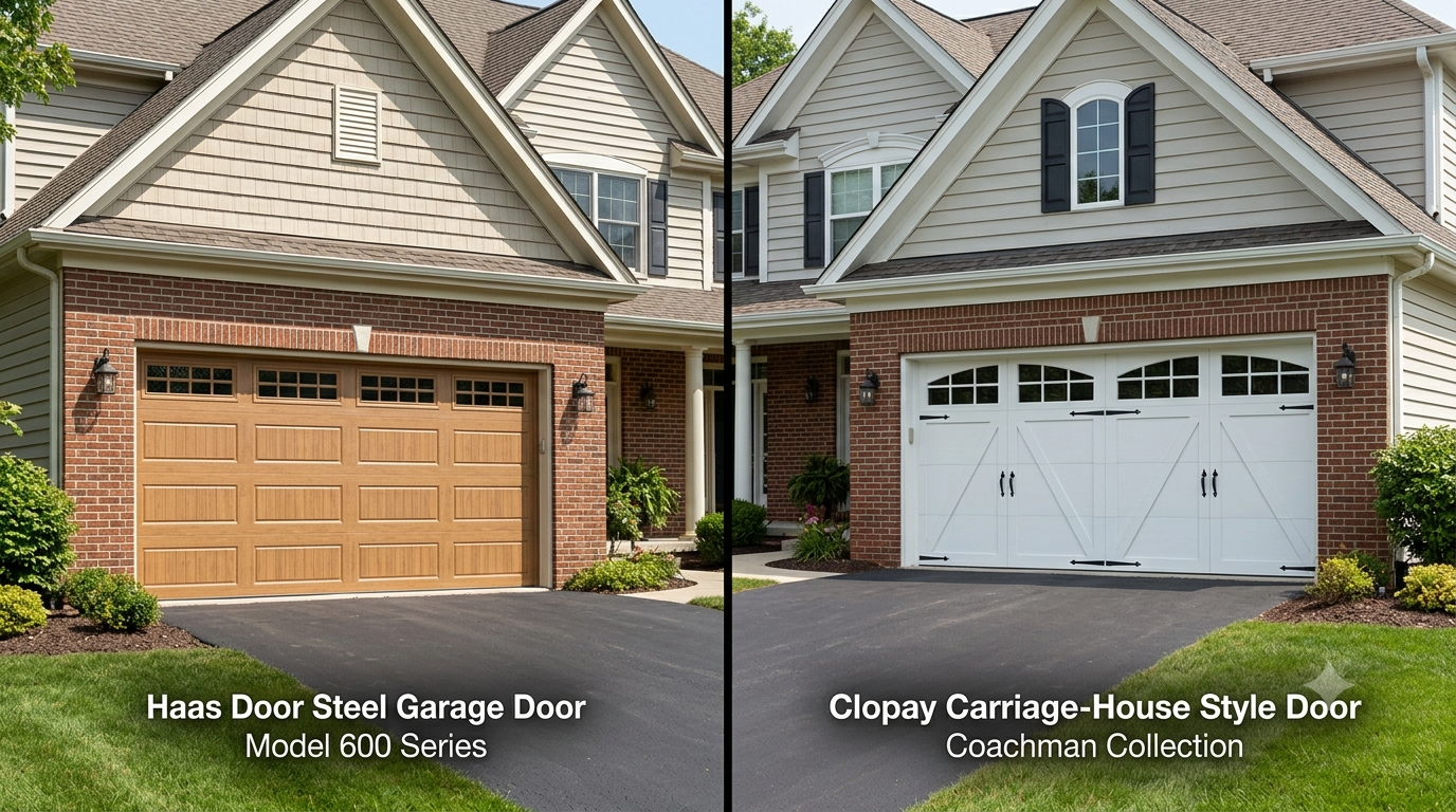 Haas 500 Series steel garage door next to Clopay Coachman carriage-house door on home exteriors