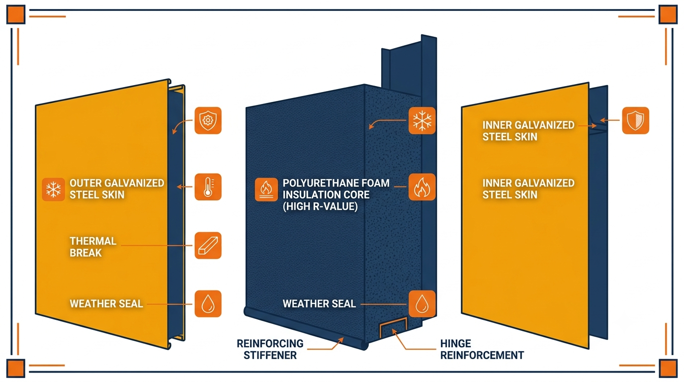 Triple-layer insulated garage door panel cross-section diagram showing steel-polyurethane-steel construction