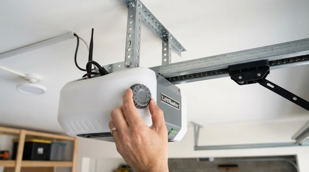 Hand adjusting a force-setting dial on the side of a garage door opener motor housing