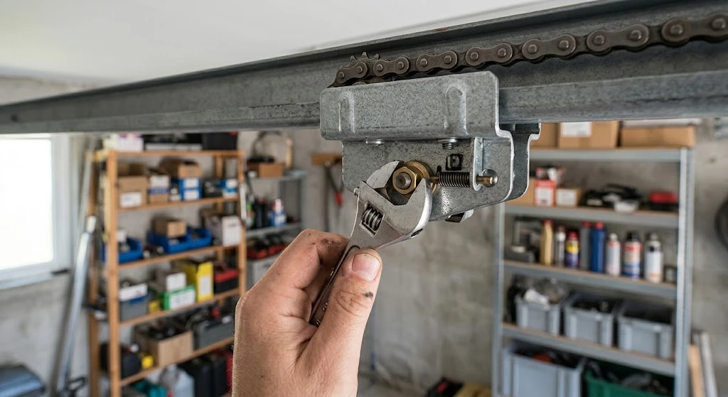 adjusting garage door opener chain tension with wrench