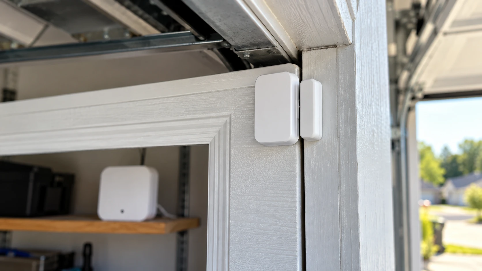 Aeotec door and window sensor mounted on a garage door frame with a smart hub nearby