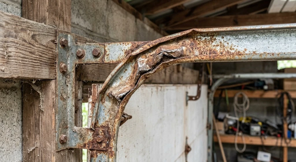 Bent and rusted garage door track corner showing damage