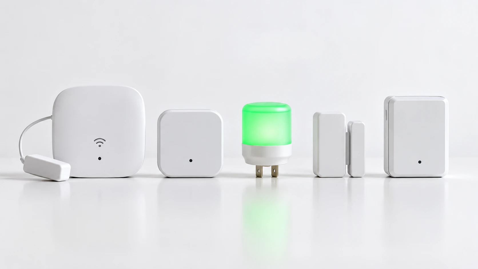 Lineup of six garage door monitor devices including a WiFi hub, sensors, and an LED indicator