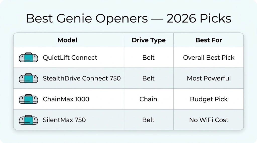 Table of best Genie garage door opener models for 2026 with drive type and best use case