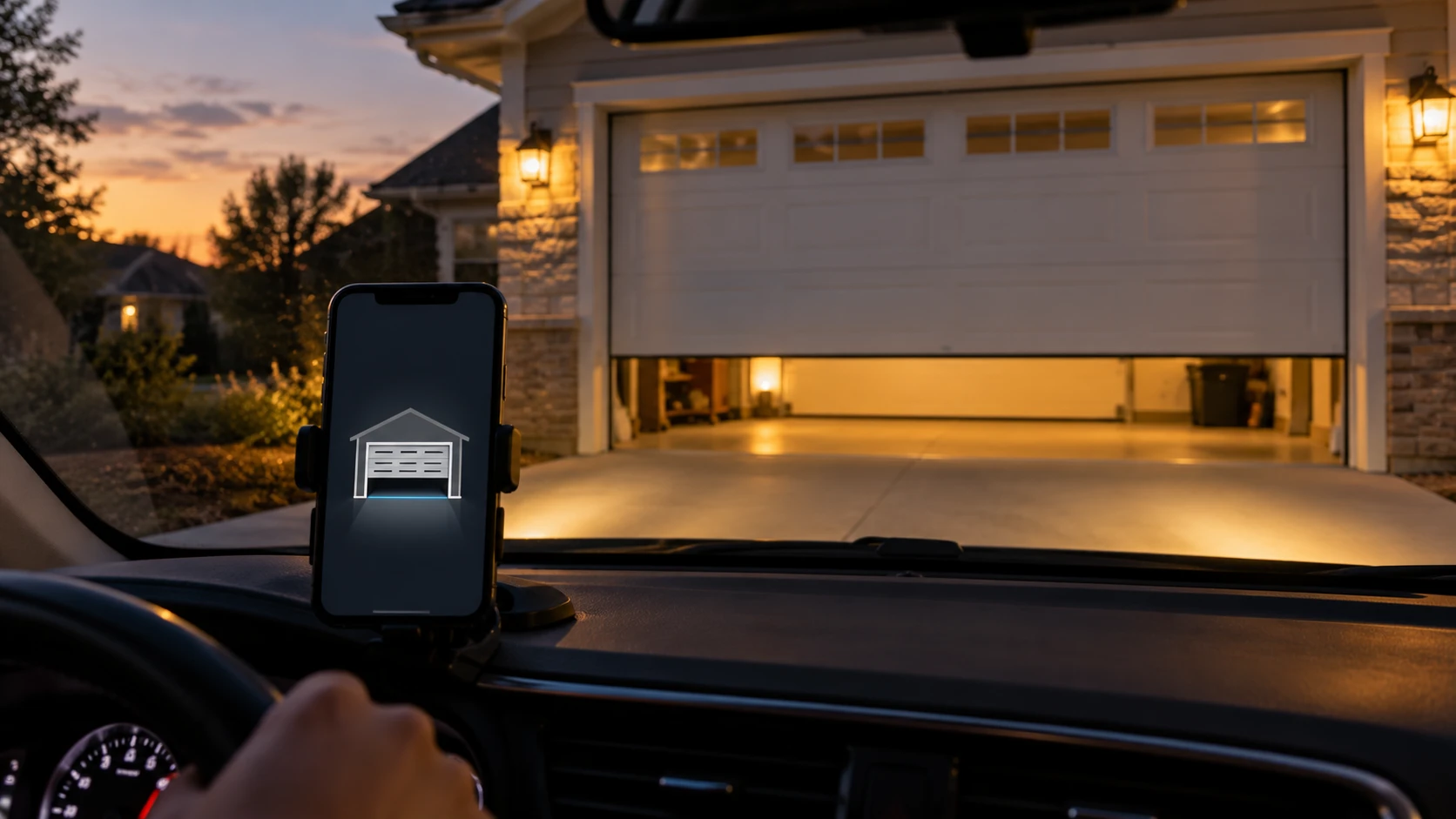 Phone mounted on a car dashboard opening a garage door on approach at dusk