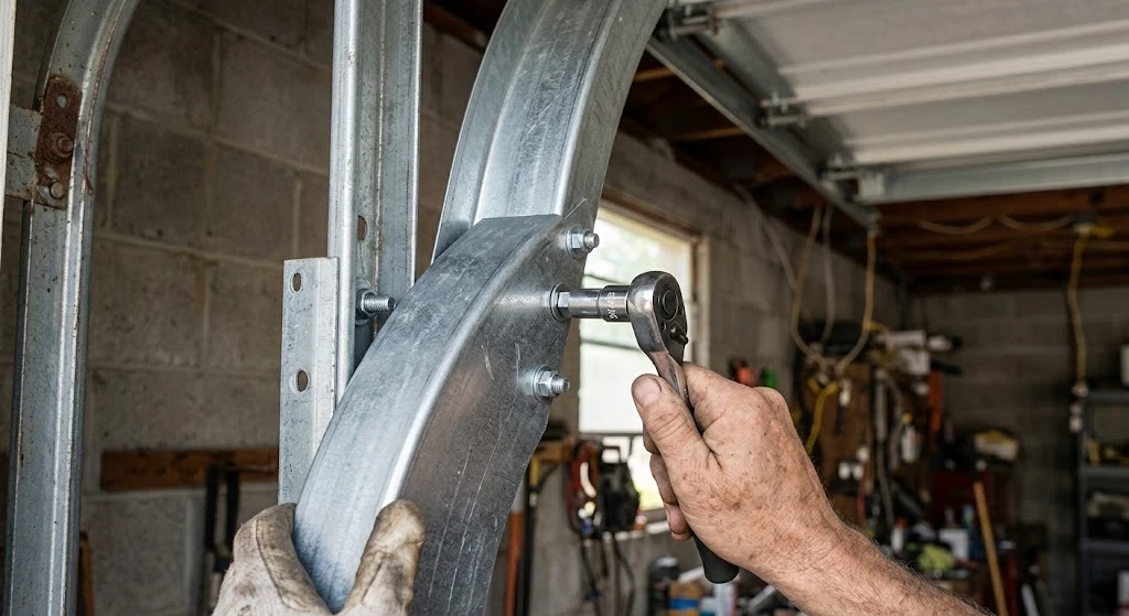 Bolting a curved garage door track corner section onto the vertical track