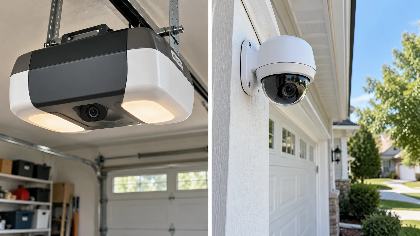 Best Garage Door Opener With Camera (2026 Picks) 6 Comparison of a garage door opener built-in camera versus a separate outdoor dome security camera mounted on a garage exterior