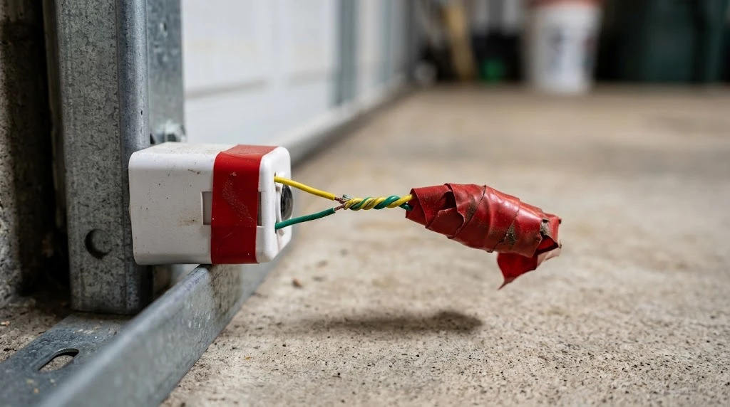 How to Fix a Garage Door Sensor (All Brands, 2026) 17 Garage door sensor with wires twisted and taped together to bypass the safety circuit