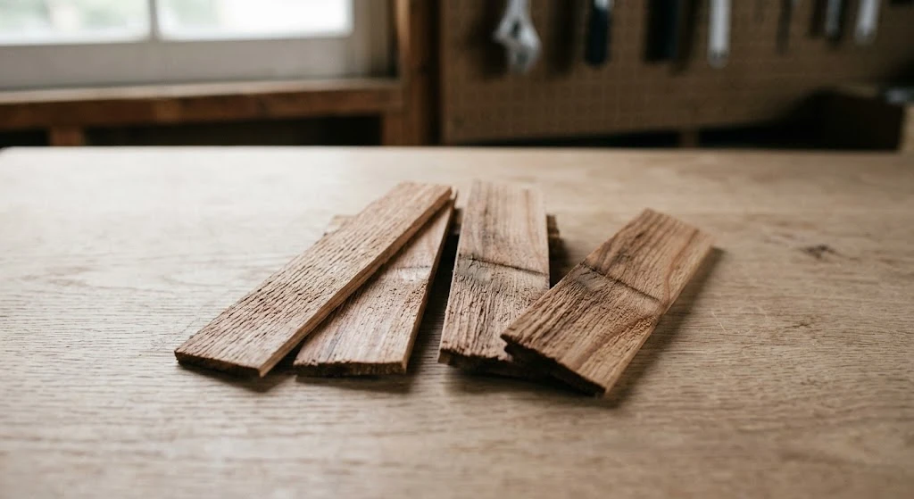 Tapered cedar wood shim shingles on a workbench