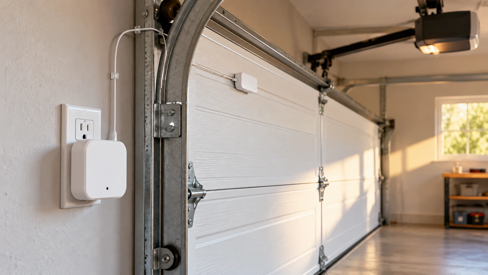 Chamberlain MyQ Smart Garage Control hub and tilt sensor mounted on a garage door