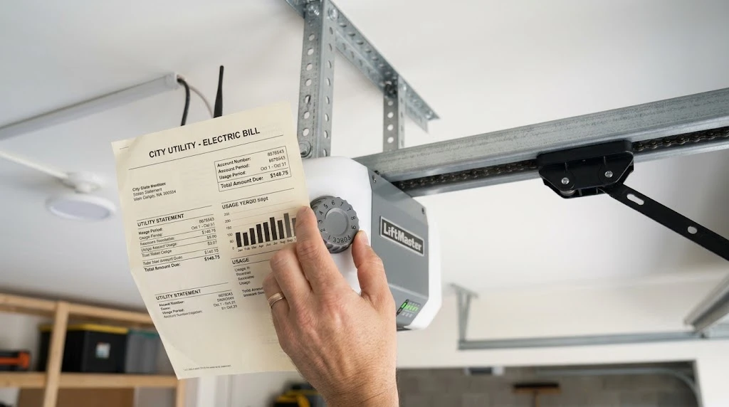 How Much Electricity Does a Garage Door Opener Use? 3 Hand holding an electric utility bill near a garage door opener motor unit