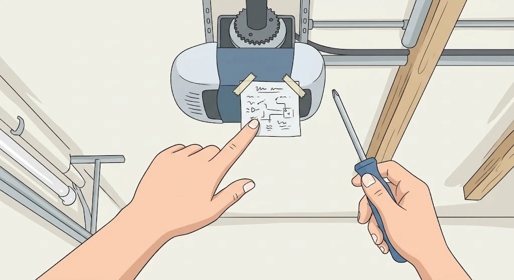Checking a wiring diagram near a garage door opener motor unit
