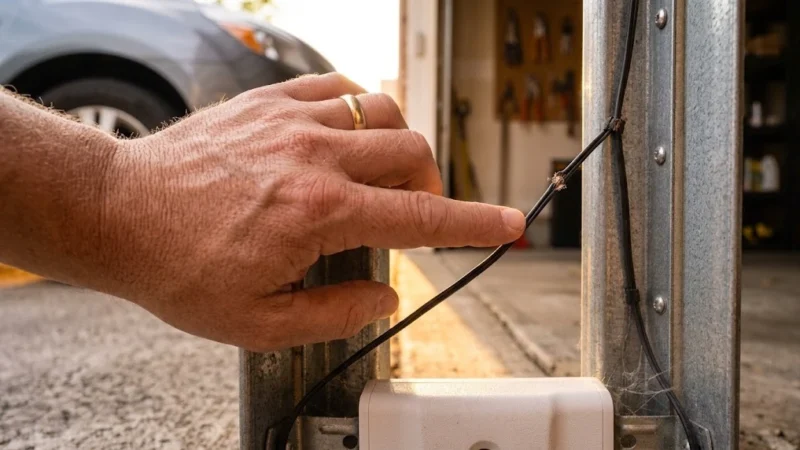 Hand tracing a garage door safety sensor wire along the track to check for pinched or frayed sections