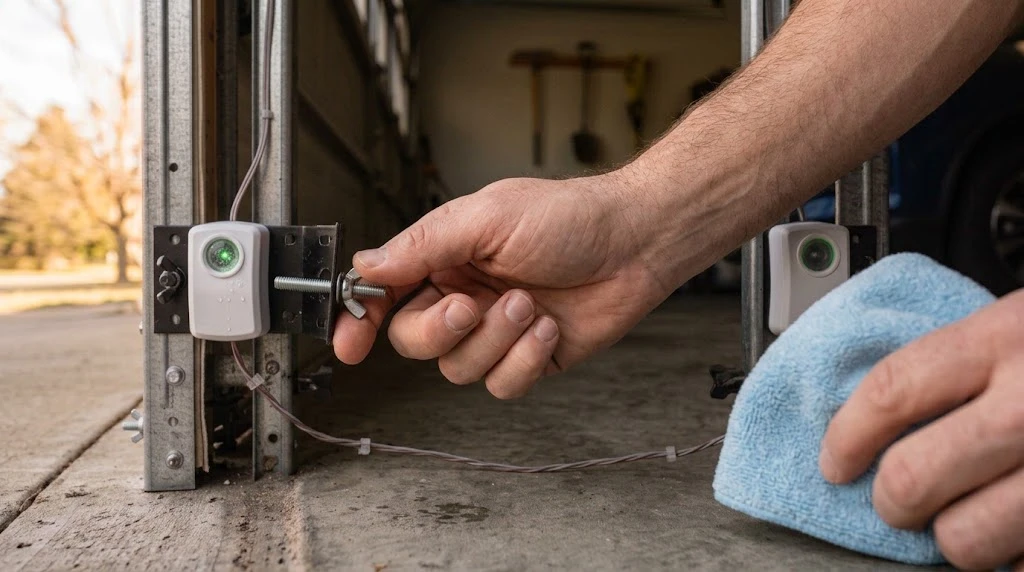 How to Fix a Garage Door Sensor (All Brands, 2026) 8 Hand adjusting the wing nut on a garage door sensor while cleaning the lens
