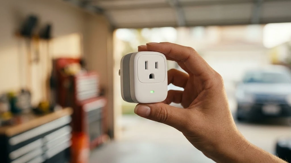 Best Surge Protector for Garage Door Opener (2026) 7 Hand holding a compact single-outlet surge protector adapter in a garage