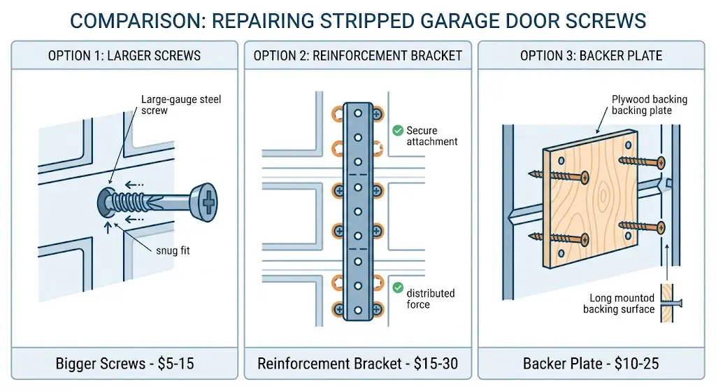 What to do when Garage Door Opener Screws Pulled out of Door 2 infographic comparing 3 ways to fix stripped garage door opener screws