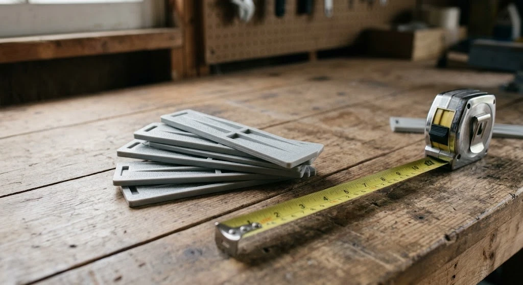 Gray plastic composite shims with a tape measure