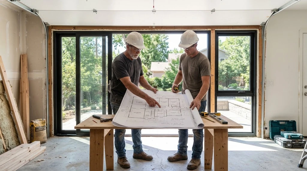 Two contractors reviewing a floor plan together in front of a garage opening being converted