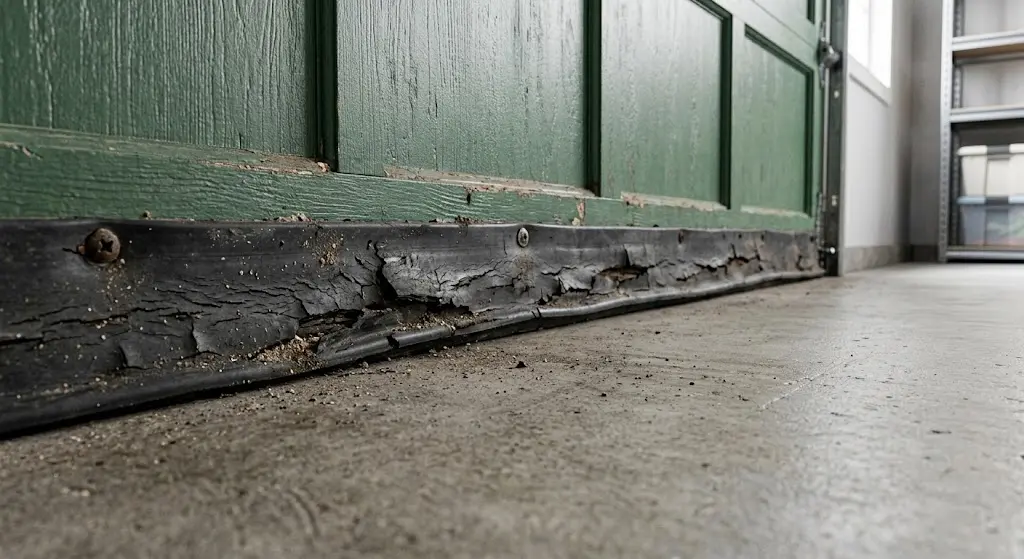 Best Garage Door Seal for an Uneven Floor (2026 Guide) 3 Old cracked and worn garage door bottom seal with visible splits