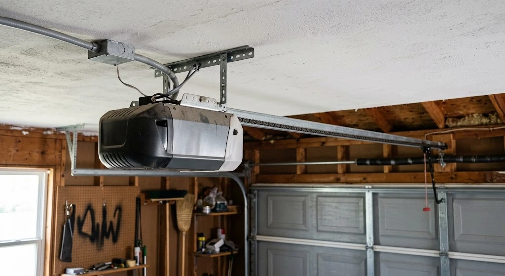 How to Program Craftsman Garage Door Remote 315 (Every Method) 2 Craftsman garage door opener motor unit mounted on ceiling