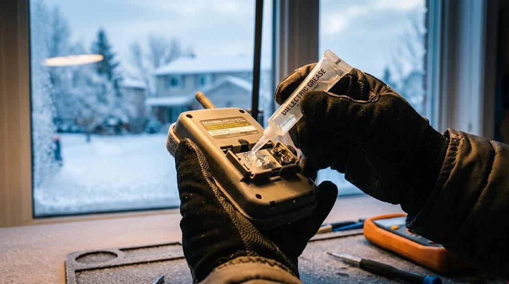 Garage Door Keypad Not Working in Cold Weather: The Fix 6 Hand applying dielectric grease to the battery contacts of an opened garage door keypad