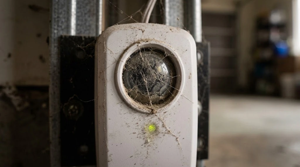 How to Fix a Garage Door Sensor (All Brands, 2026) 5 Close-up of a garage door sensor lens covered in dust and cobwebs