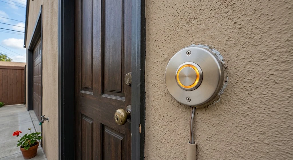 Doorbell button with lit ring mounted on an exterior wall