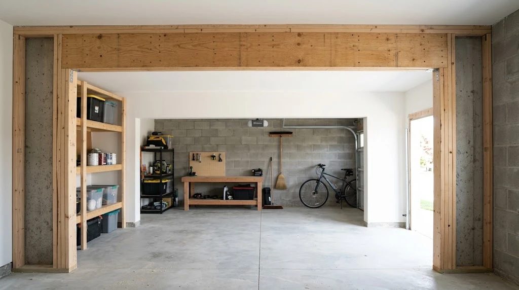 Garage door opening with door and track removed, exposing the empty framed rough opening