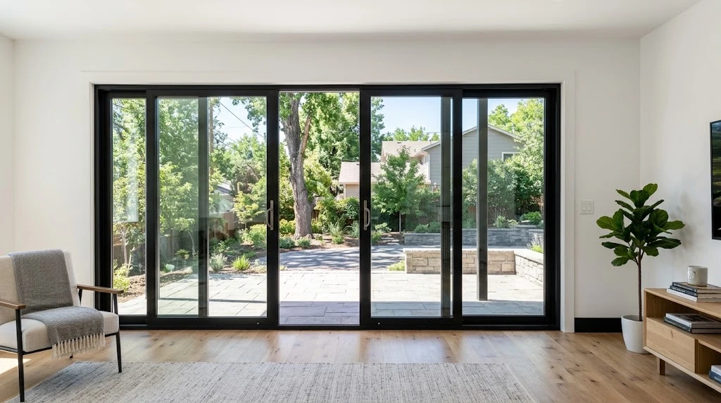 Modern multi-panel sliding glass door installed in a bright renovated room where a garage door used to be