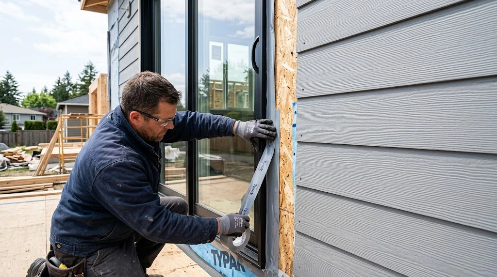 Contractor applying flashing tape and weatherproofing around the exterior frame of a new sliding glass door