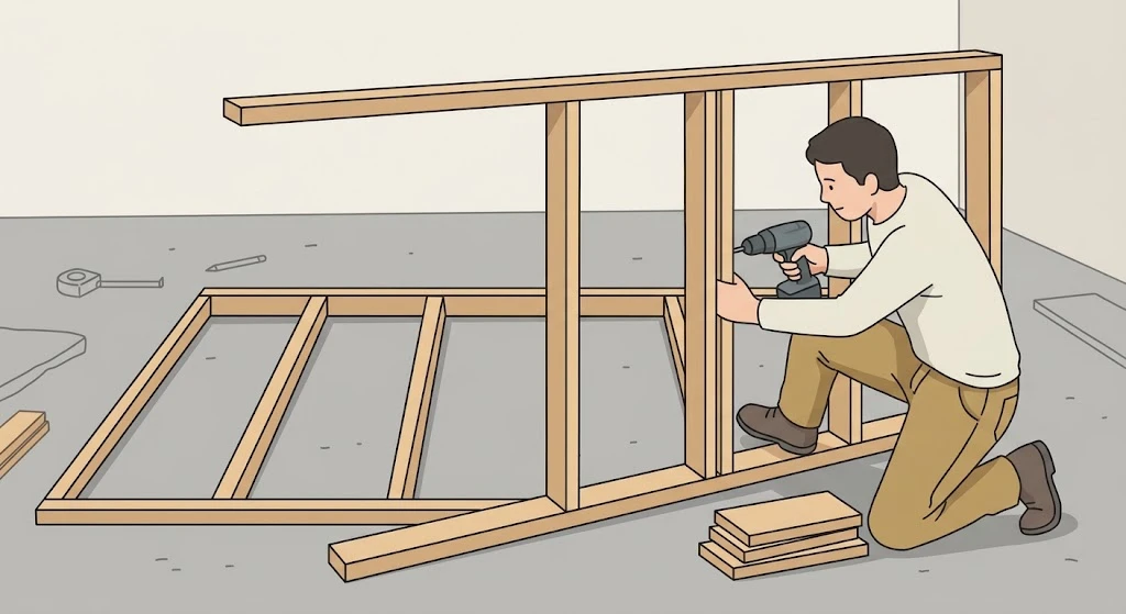 Building a 2x4 stud wall frame for a false wall in a garage