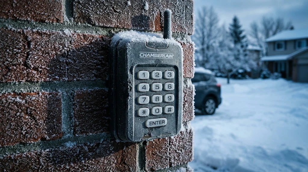Garage Door Keypad Not Working in Cold Weather: The Fix 2 Garage door keypad mounted on a brick wall covered in frost during winter