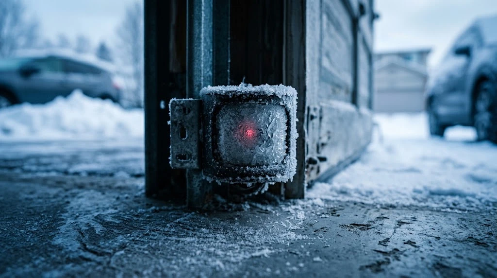 Garage Door Keypad Not Working in Cold Weather: The Fix 5 Garage door photo-eye safety sensor covered in frost and ice with its LED glowing through
