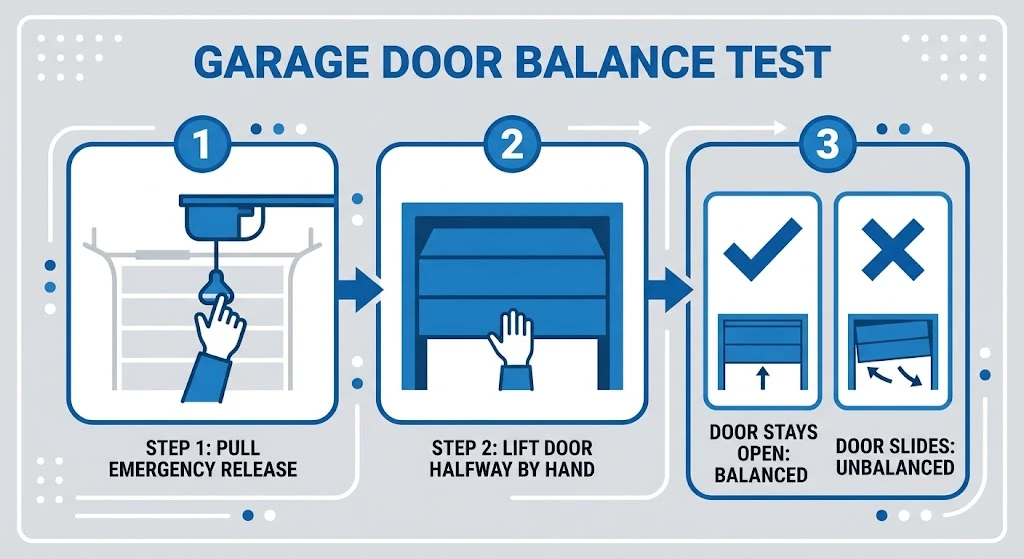 3-step garage door spring balance test infographic