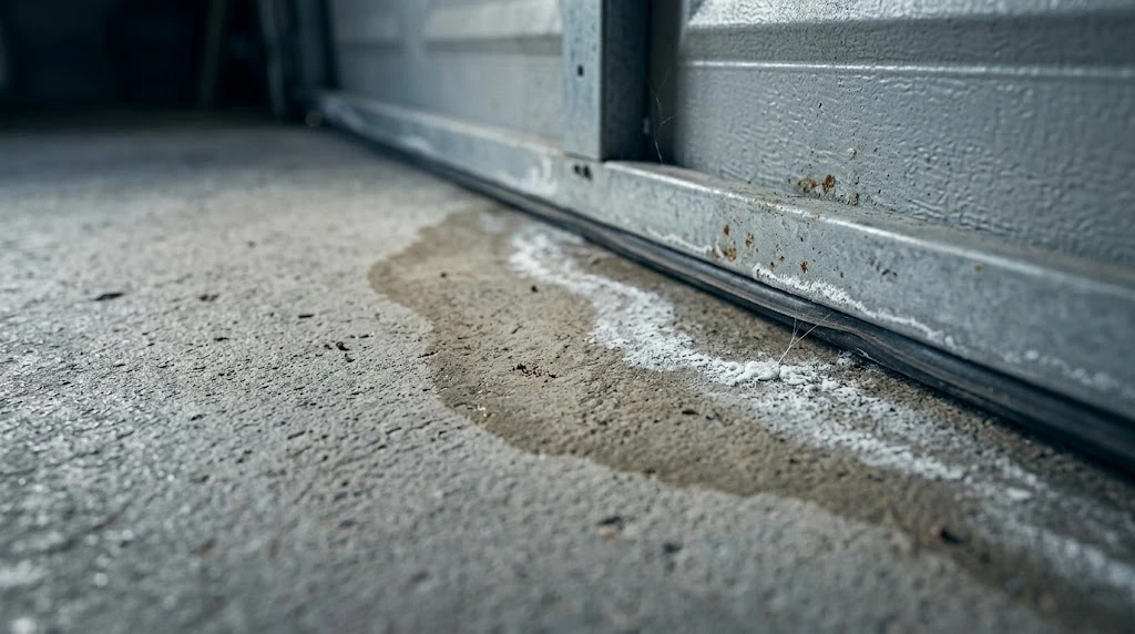 White efflorescence residue and moisture staining on concrete at the base of a garage door