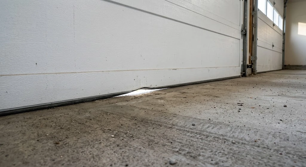Best Garage Door Seal for an Uneven Floor (2026 Guide) 2 Light showing through gap under closed garage door on uneven concrete floor