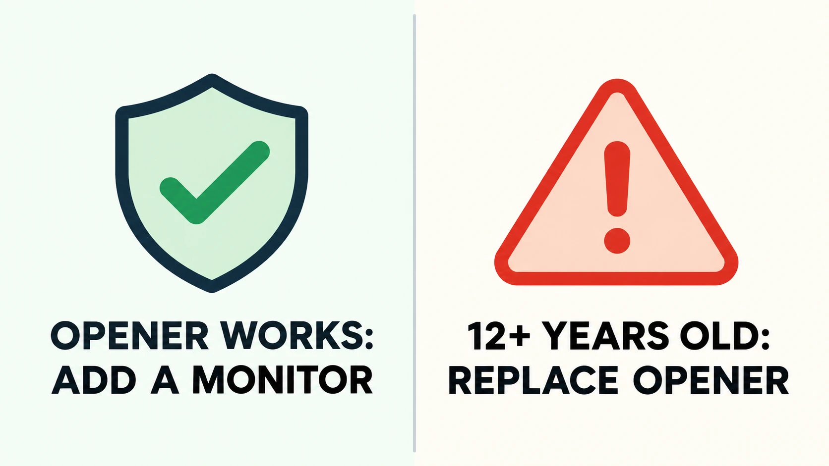 Infographic comparing when to add a garage door monitor versus replacing with a smart opener