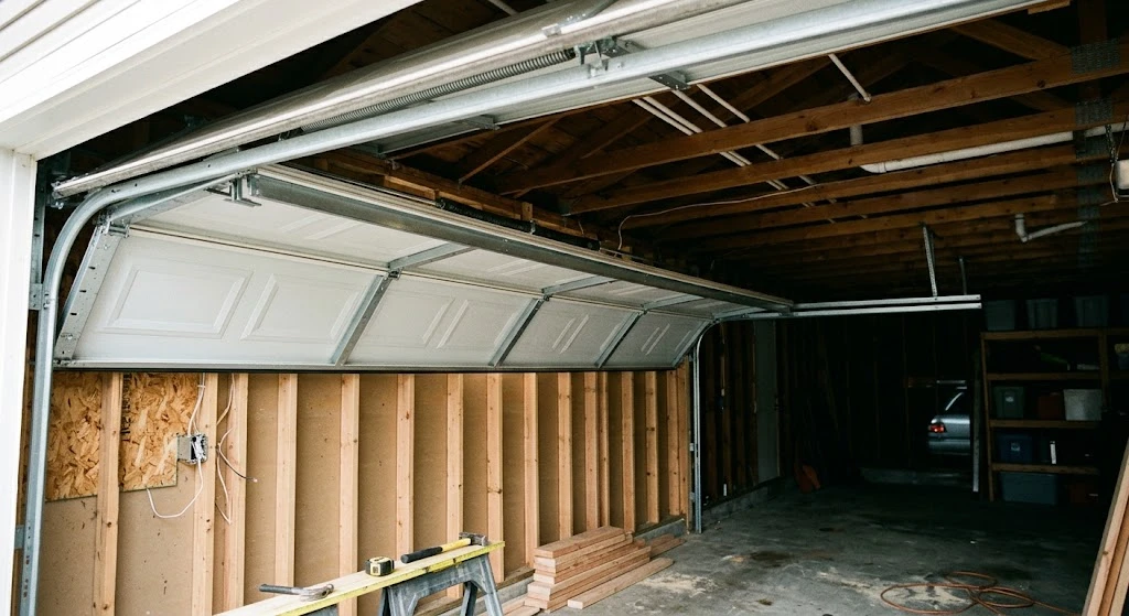 Open garage door showing horizontal track depth along the ceiling