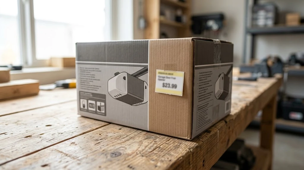 Garage door opener box with price tag sitting on a workbench ready for installation