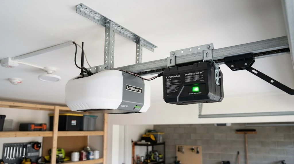 How Much Electricity Does a Garage Door Opener Use? 2 Garage door opener motor unit with its built-in LED work light glowing