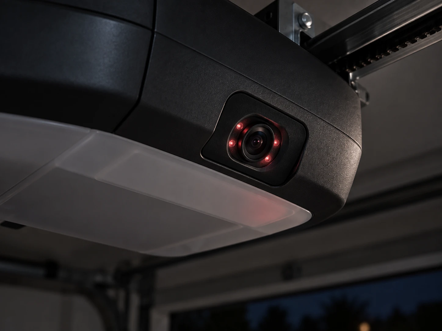 Best Garage Door Opener With Camera (2026 Picks) 5 Close-up of a garage door opener camera lens glowing with infrared night vision at night