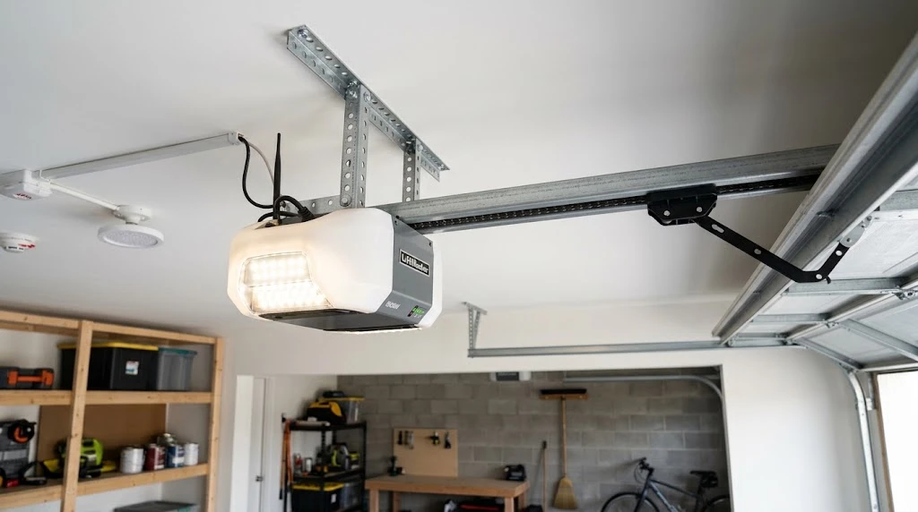 How Much Electricity Does a Garage Door Opener Use? 4 Garage door opener motor unit with light on, used to estimate electricity cost
