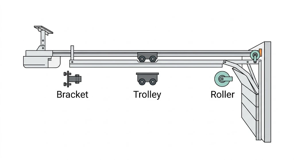 Infographic showing bracket, trolley, and roller fault points on an opener rail