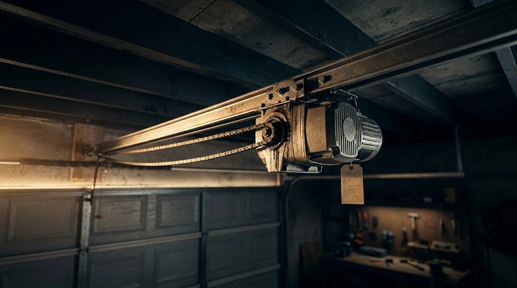 Garage door opener motor unit and ceiling rail mounted above a garage door