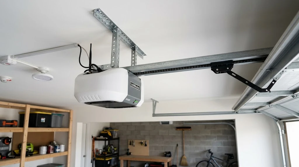 Garage door opener motor unit mounted on the ceiling with drive rail extending to the door