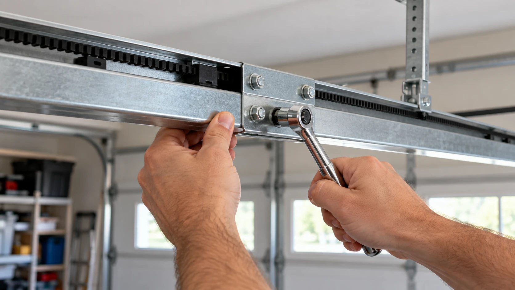 Hands using a wrench to bolt a rail extension section onto a garage door opener rail