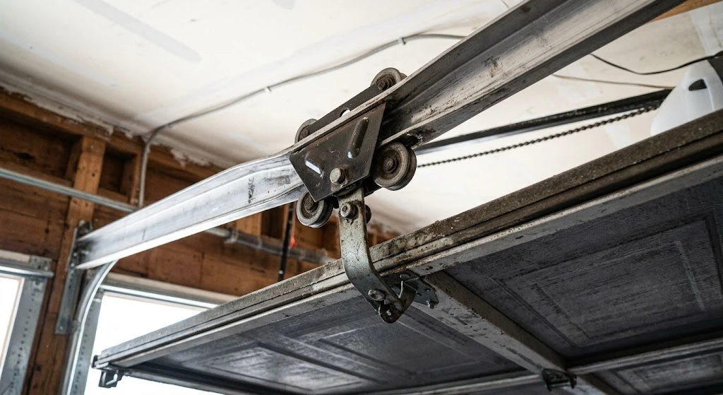 Garage door opener rail and trolley pulling at a sideways angle